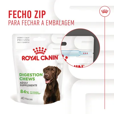 Royal Canin Digestion Chews Adult Supplements, 40 peças. Fecho zip para fechar a embalagem. 84% of owners are satisfied. Imagem de cão castanho na embalagem.