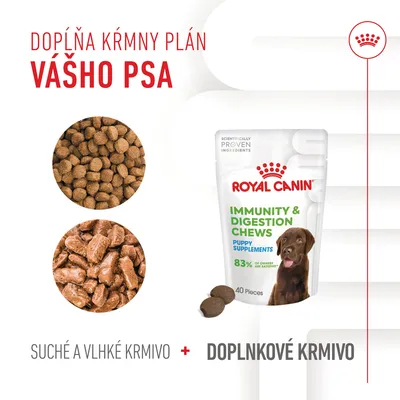 ROYAL CANIN Immunity & Digestion Chews Puppy Supplements, 40 kusov. Suché a vlhké krmivo plus doplnkové krmivo pre psa. Text: Dopĺňa kŕmny plán vášho psa.