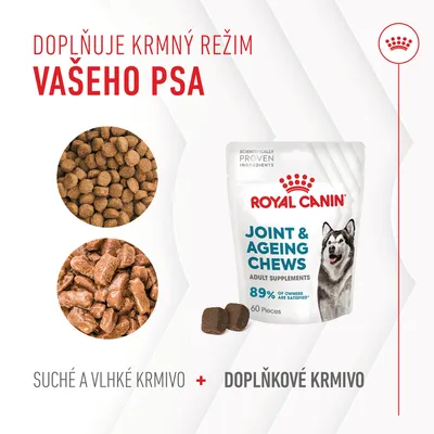 Royal Canin Joint & Ageing Chews, balení 60 ks. Text: Doplňuje krmný režim vašeho psa, suché a vlhké krmivo + doplňkové krmivo. 89% of owners are satisfied.