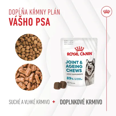 ROYAL CANIN Joint & Ageing Chews, 60 ks. Text: Dopĺňa kŕmny plán vášho psa, suché a vlhké krmivo + doplnkové krmivo. 89 % of owners are satisfied.