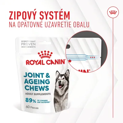 Royal Canin Joint & Ageing Chews, 60 ks, zipový systém na opätovné uzavretie obalu, 89 % majiteľov je spokojných, balenie so psom na obale.