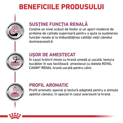 Beneficiile produsului: susține funcția renală, ușor de amestecat, profil aromatic special. Text în limba română despre Royal Canin Renal pentru câini.