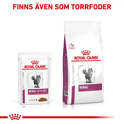 Royal Canin Veterinary Renal with Beef våtfoder och Royal Canin Veterinary Renal torrfoder för katt. Text: Finns även som torrfoder.