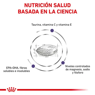 NUTRICIÓN SALUD BASADA EN LA CIENCIA. Taurina, vitamina C y E. EPA+DHA, fibras solubles e insolubles. Niveles controlados de magnesio, sodio y fósforo.