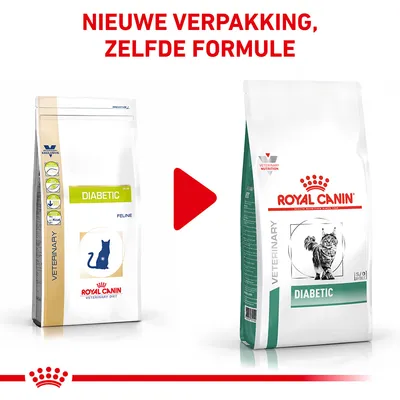 Royal Canin Diabetic kattenvoer: oude en nieuwe verpakking naast elkaar. Bovenaan staat: 'Nieuwe verpakking, zelfde formule'.