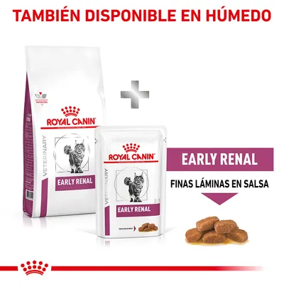 Royal Canin Early Renal para gatos, disponible en seco y húmedo. Texto visible: 'EARLY RENAL', 'FINAS LÁMINAS EN SALSA', 'TAMBIÉN DISPONIBLE EN HÚMEDO'. Imagen de croquetas en salsa.