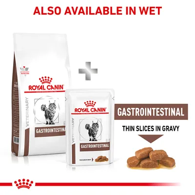 Gastrointestinal pet food available in both dry and wet forms, with thin slices in gravy shown. Text: Also available in wet. Gastrointestinal. Thin slices in gravy.