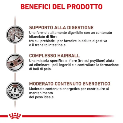 Benefici del prodotto: supporto alla digestione, complesso hairball per eliminare peli ingeriti, moderato contenuto energetico per mantenimento peso ideale. Testo in italiano.