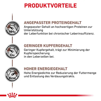 Produktvorteile: Angepasster Proteingehalt zur Unterstützung der Leberfunktion, geringer Kupfergehalt zur Minimierung der Kupferspeicherung, hoher Energiegehalt zur Entlastung des Verdauungstrakts.