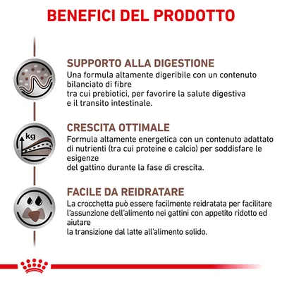 Testo: Benefici del prodotto. Supporto alla digestione, crescita ottimale, facile da reidratare. Descrizione dettagliata di ciascun beneficio per alimenti per gattini.