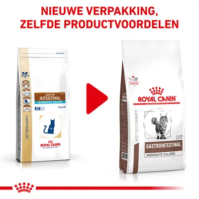 Royal Canin Gastrointestinal Moderate Calorie kattenvoer: oude en nieuwe verpakking naast elkaar. Tekst boven: 'Nieuwe verpakking, zelfde productvoordelen'.