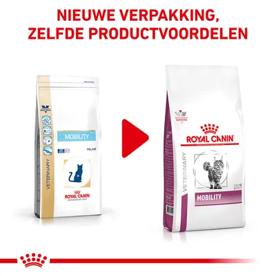 Nieuwe verpakking Royal Canin Mobility kattenvoer, zelfde productvoordelen. Links oude en rechts nieuwe zak zichtbaar met merknaam en productnaam.