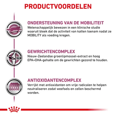 Productvoordelen: ondersteuning van de mobiliteit, gewrichtencomplex met groenlipmossel-extract en EPA+DHA, antioxidantencomplex ter bescherming van weefsels en cellen.