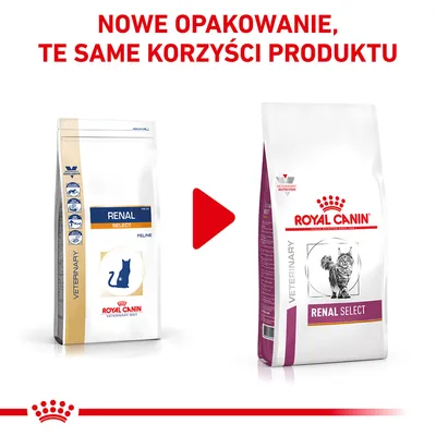 Nowe opakowanie karmy Royal Canin Renal Select dla kotów, po lewej stare opakowanie, po prawej nowe. Napis: Nowe opakowanie, te same korzyści produktu.