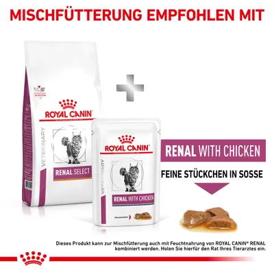 Royal Canin Renal Select Trockenfutter und Renal with Chicken Feuchtfutter empfohlen zur Mischfütterung. Feine Stückchen in Sosse. Beratung durch Tierarzt erforderlich.