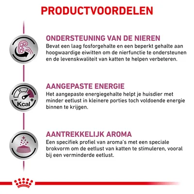 Productvoordelen: ondersteuning van de nieren, aangepast energiegehalte en aantrekkelijk aroma voor katten. Tekst beschrijft lage fosfor, aangepaste energie en speciaal aroma-profiel.