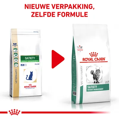 Royal Canin Satiety Weight Management kattenvoer: afbeelding toont oude en nieuwe verpakking. Bovenaan staat: 'Nieuwe verpakking, zelfde formule'.