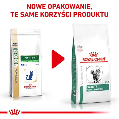Nowe opakowanie karmy Royal Canin Satiety Weight Management dla kotów. Po lewej stare, po prawej nowe opakowanie. Napis: Nowe opakowanie, te same korzyści produktu. Nowe opakowanie karmy Royal Canin Satiety Weight Management dla kotów. Po lewej stare, po prawej nowe opakowanie. Napis: Nowe opakowanie, te same korzyści produktu.