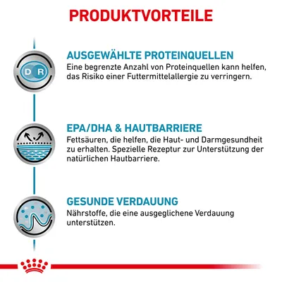 Produktvorteile: Ausgewählte Proteinquellen zur Verringerung von Futtermittelallergien, EPA/DHA für Hautbarriere und gesunde Verdauung durch nährstoffreiche Rezeptur.