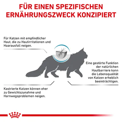 Für Katzen mit empfindlicher Haut, die zu Irritationen und Haarausfall neigen. Kastrierte Katzen können zu Gewichtszunahme und Harnwegsproblemen neigen. Funktion der Hautbarriere beeinträchtigt Lebensqualität.