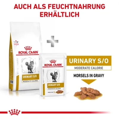 Royal Canin Urinary S/O Moderate Calorie, auch als Feuchtnahrung erhältlich. Morsels in Gravy mit Katzenabbildung auf Verpackung.