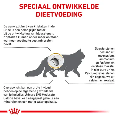 Speciaal ontwikkelde dieetvoeding. Uitleg over kristallen in urine, struviet- en calciumoxalaatstenen, invloed van mineralen en calorieën op gezondheid huisdier. Royal Canin merk.