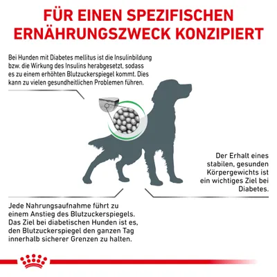 Für Hunde mit Diabetes mellitus: Insulinbildung herabgesetzt, erhöhter Blutzuckerspiegel. Ziel: Stabiler Körpergewichtserhalt und Blutzuckerspiegel innerhalb sicherer Grenzen.