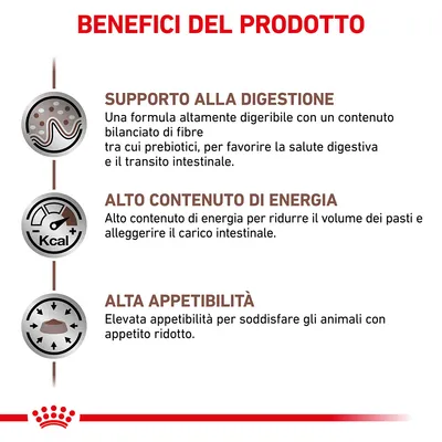 Benefici del prodotto: supporto alla digestione, alto contenuto di energia, alta appetibilità. Testi esplicativi su digeribilità, energia per ridurre i pasti e appetibilità elevata.
