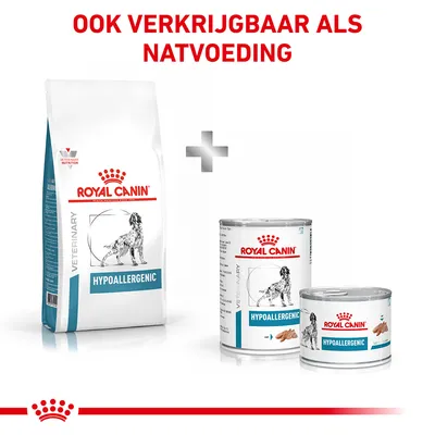 Royal Canin Hypoallergenic droogvoer en natvoer voor honden, tekst: ook verkrijgbaar als natvoeding. Beide verpakkingen tonen merknaam en producttype duidelijk zichtbaar.