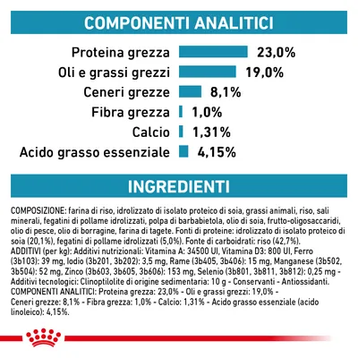 Componenti analitici: proteina grezza 23%, oli e grassi grezzi 19%, ceneri grezze 8,1%, fibra grezza 1%, calcio 1,31%, acido grasso essenziale 4,15%. Ingredienti elencati in dettaglio.