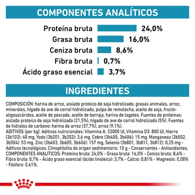 Componentes analíticos: proteína bruta 24 %, grasa bruta 16 %, ceniza bruta 8,6 %, fibra bruta 0,7 %, ácido graso esencial 3,7 %. Ingredientes y aditivos detallados en la imagen.