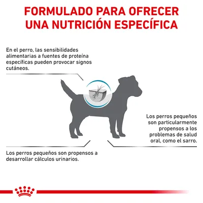 Formulado para ofrecer una nutrición específica. Sensibilidades alimentarias pueden causar signos cutáneos. Perros pequeños propensos a sarro y cálculos urinarios.