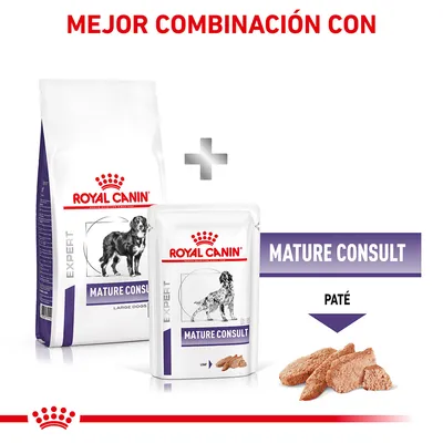 Royal Canin Expert Mature Consult para perros: saco de pienso y sobre de paté. Texto visible: 'Mejor combinación con', 'Mature Consult', 'Paté'. Imagen del producto y comida húmeda.