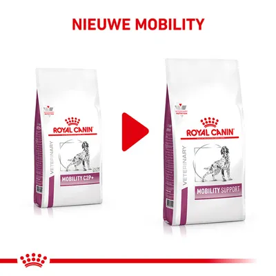 Royal Canin Mobility C2P+ verpakking verandert naar Royal Canin Mobility Support. Tekst: NIEUWE MOBILITY. Beide zakken tonen een hond en het label VETERINARY.