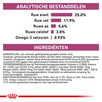 Analytische bestanddelen: ruw eiwit 25,0%, ruw vet 11,9%, ruwe as 5,6%, ruwe celstof 3,0%, omega-3 vetzuren 0,93%. Ingrediëntenlijst en toevoegingsmiddelen zichtbaar.