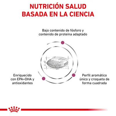 NUTRICIÓN SALUD BASADA EN LA CIENCIA. Bajo contenido de fósforo y proteína adaptado. Enriquecido con EPA+DHA y antioxidantes. Perfil aromático único y croqueta de forma cuadrada.
