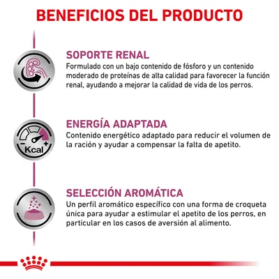 Beneficios del producto: soporte renal, energía adaptada y selección aromática. Incluye descripciones sobre contenido de fósforo, proteínas, energía y perfil aromático para perros.