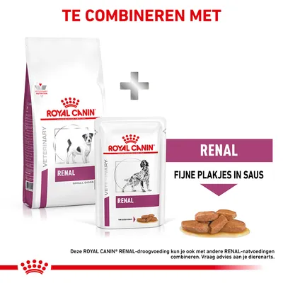 Royal Canin Veterinary Renal droog- en natvoer voor honden, tekst: RENAL fijne plakjes in saus. Te combineren met andere Renal-voedingen. Raadpleeg je dierenarts.