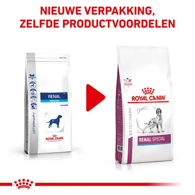 Nieuwe verpakking Royal Canin Renal Special hondenvoer, zelfde productvoordelen. Links oude verpakking, rechts nieuwe verpakking met merknaam en productnaam duidelijk zichtbaar.