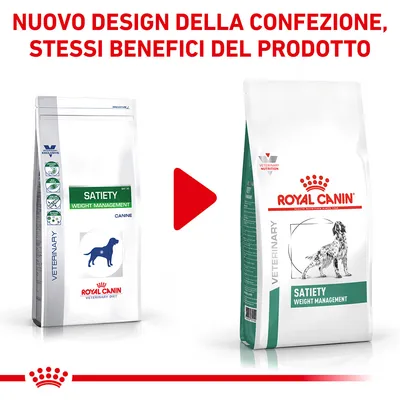 Nuovo design della confezione, stessi benefici del prodotto. Due sacchi Royal Canin Satiety Weight Management per cani, vecchia e nuova grafica a confronto.