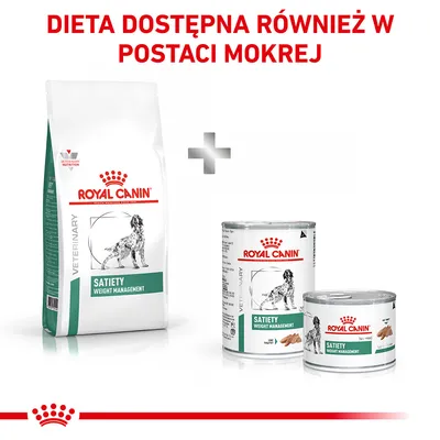 ROYAL CANIN Satiety Weight Management karma sucha i mokra dla psów. Tekst: DIETA DOSTĘPNA RÓWNIEŻ W POSTACI MOKREJ.