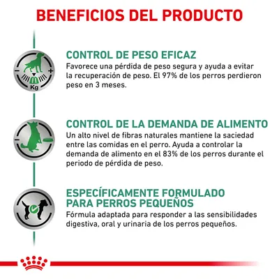 Beneficios del producto: control de peso eficaz, control de la demanda de alimento y específicamente formulado para perros pequeños. Incluye descripciones detalladas de cada beneficio.