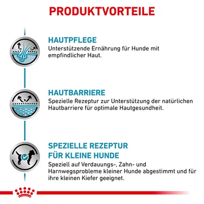 Produktvorteile: Hautpflege für empfindliche Hundehaut, Unterstützung der natürlichen Hautbarriere, spezielle Rezeptur für kleine Hunde bei Verdauungs-, Zahn- und Harnwegsproblemen.