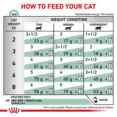Feeding guide table showing daily pouch and dry food amounts by cat weight and condition: thin, normal, overweight. Includes water advice and note to consult a vet. For reference only.