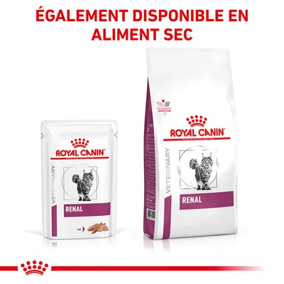 ROYAL CANIN VETERINARY RENAL pour chat, sachet et sac visibles. Texte en haut : ÉGALEMENT DISPONIBLE EN ALIMENT SEC.