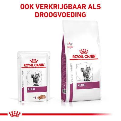 ROYAL CANIN VETERINARY RENAL nat- en droogvoer voor katten, tekst: OOK VERKRIJGBAAR ALS DROOGVOEDING. Afbeelding van verpakking met kat.