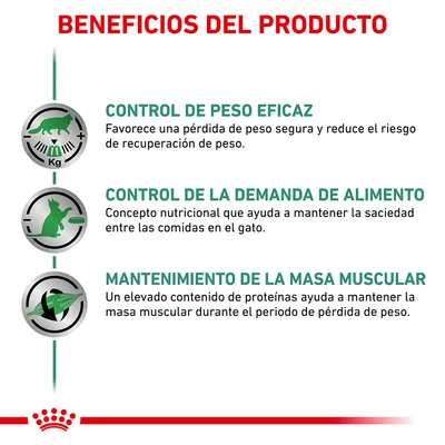 Beneficios del producto: control de peso eficaz, control de la demanda de alimento en el gato y mantenimiento de la masa muscular con alto contenido de proteínas.