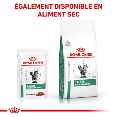 Royal Canin Satiety Weight Management pour chat, sachet et sac visibles. Texte en haut : ÉGALEMENT DISPONIBLE EN ALIMENT SEC.