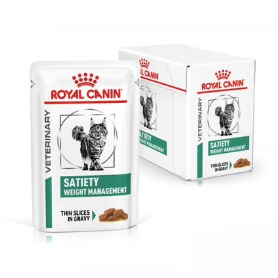 Royal Canin Veterinary Satiety Weight Management, cienkie kawałki w sosie. Opakowanie z wizerunkiem kota i widoczną nazwą produktu.