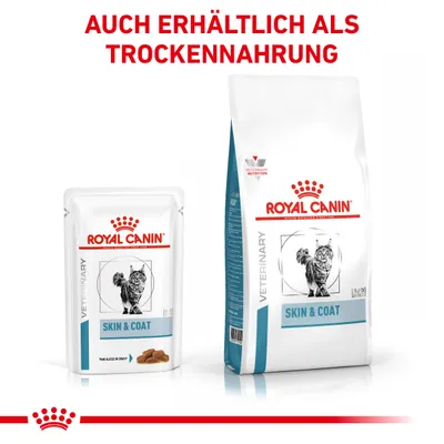 Royal Canin Skin & Coat для кошек, упаковки влажного и сухого корма. Надпись на немецком: AUCH ERHÄLTLICH ALS TROCKENNAHRUNG. Royal Canin Skin & Coat для кошек, упаковки влажного и сухого корма. Надпись на немецком: AUCH ERHÄLTLICH ALS TROCKENNAHRUNG.